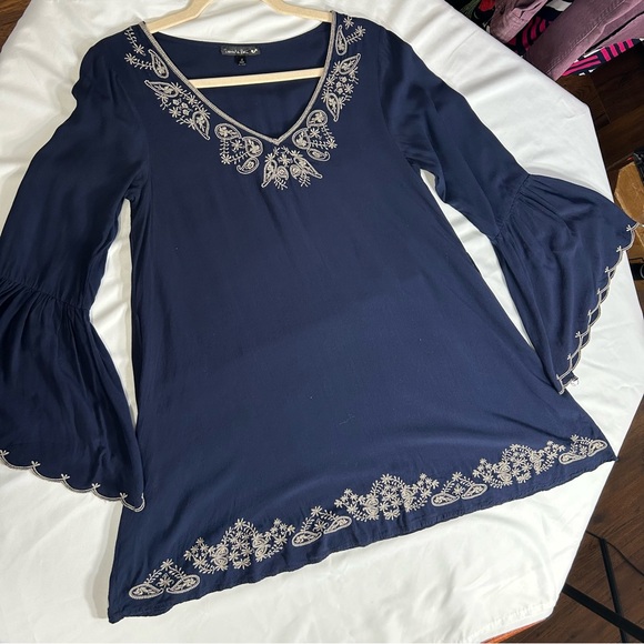 Double Zero Hippie Boho Embroidered Bohemian 70's Bell Sleeve Tunic Blouse Sz S - Picture 3 of 12